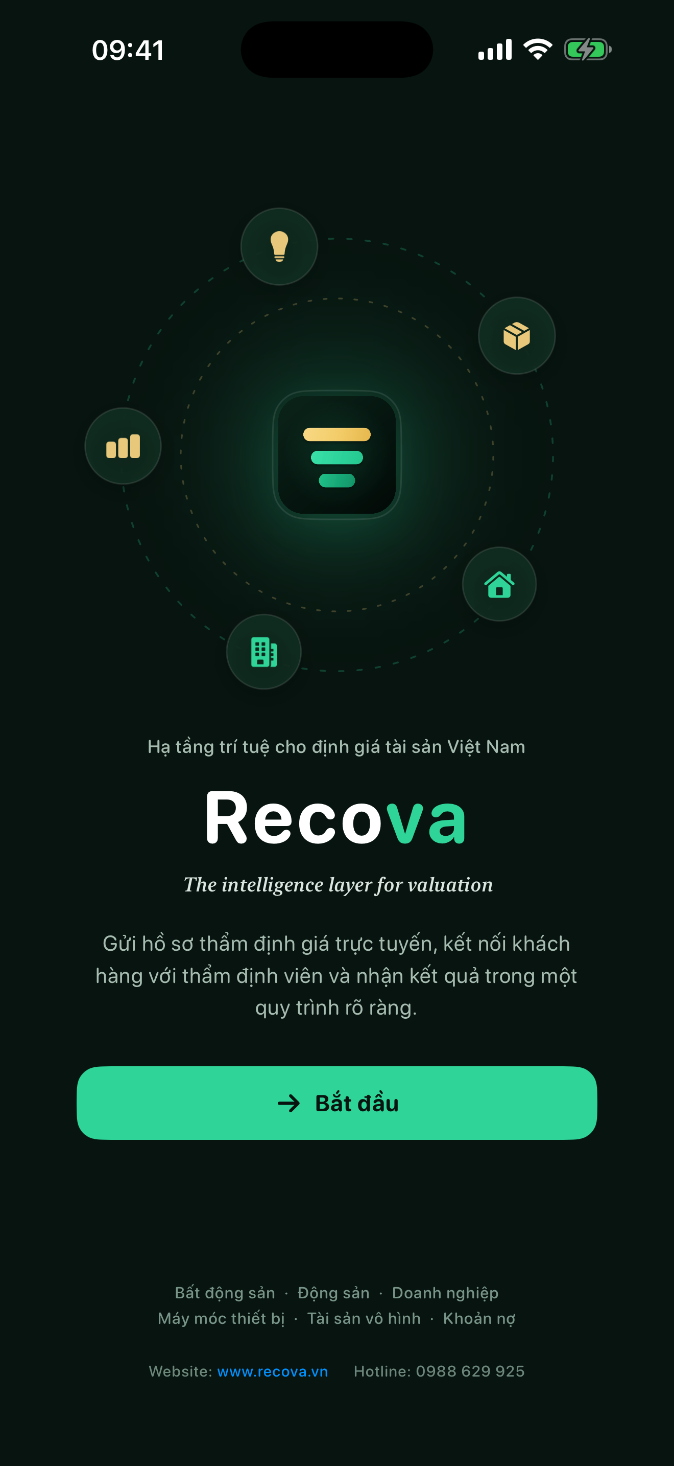 Màn hình mở đầu ứng dụng RECOVA với vòng tròn năm nhóm tài sản